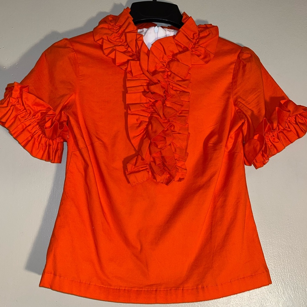 Preloved Elizabeth Wilson lined Orange boutique blouse with Ruffles size XS